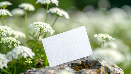 Blank card amidst Queen Annes Lace blossoms in a serene meadow.