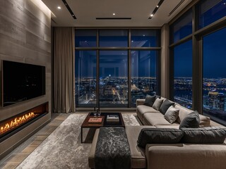 夜景が見える高級タワーマンションのリビングルーム、テレビとビルトイン暖炉とソファ