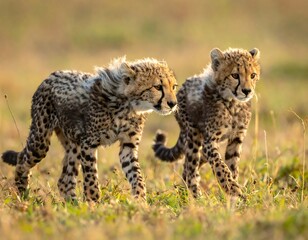 Two young cheetah cubs walking in grassy field