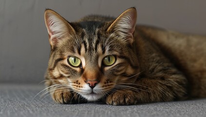 Naklejka premium Close up portrait of a tabby cat with striking green eyes peeking from behind a surface