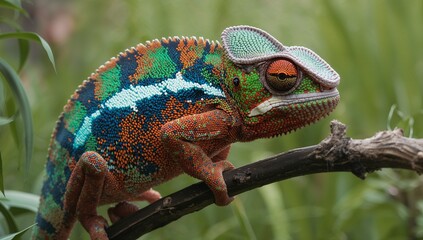 Vibrant chameleon perched on branch demonstrating incredible color changing abilities