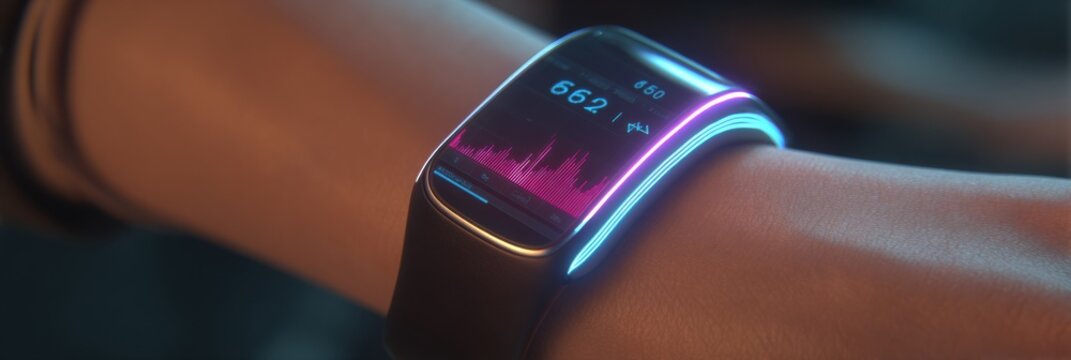 Futuristic fitness tracker fitted on a wrist, showing colorful activity metrics and heart rate while surrounded by a vibrant atmosphere in the evening.