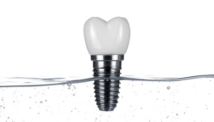 A dental implant model submerged partially in water, showcasing the metallic base and white crown, all on a simple white backdrop