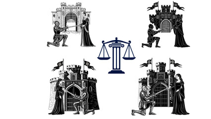 Medieval Justice and Royalty Set Knight Queen Princess Castle Engravings with Central Scales of Law Black and White Vector Illustration Chivalry and Rule of Law