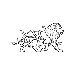 Vector art of lion walking with floral garland, in line art