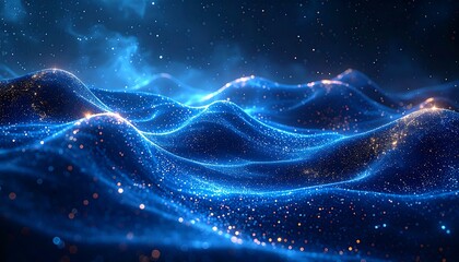 A detailed digital depiction of flowing blue waves, shimmering with embedded golden lights, under a starlit night sky