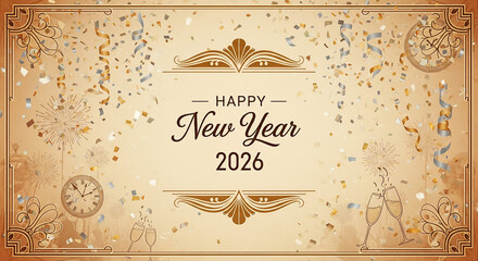Celebrate the New Year 2026 with festive confetti, champagne toasts, and vintage clock countdown