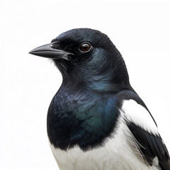 Eurasian Magpie Head and Shoulder Portrait on White Background, Close-Up of Pica pica with Iridescent Black and White Feathers