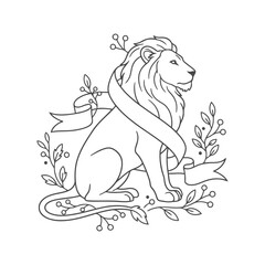 Vector art of majestic lion sitting with banner and floral elements