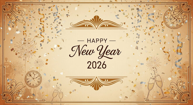 Celebrate the New Year 2026 with festive confetti, champagne toasts, and vintage clock countdown - Powered by Adobe