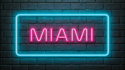 Fototapeta premium Miami neon sign glowing on dark brick wall background 