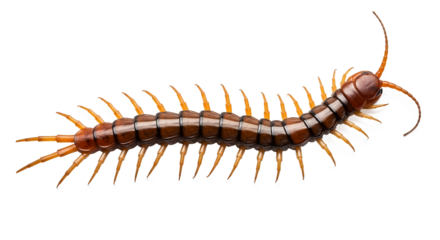 Long segmented centipede with brown and orange coloration on white  