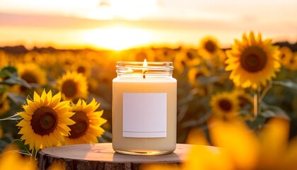 Candlelit Serenity - Sunflower Field at Sunset with a Glowing Candle.