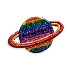 Fototapeta premium Rainbow Glitter Embroidered Planet Patch on White