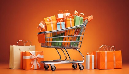 Shopping cart overflowing with colorful gift boxes and shopping bags