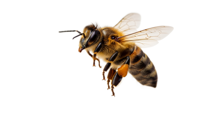 Detailed close-up of a honeybee in motion against a white background  
