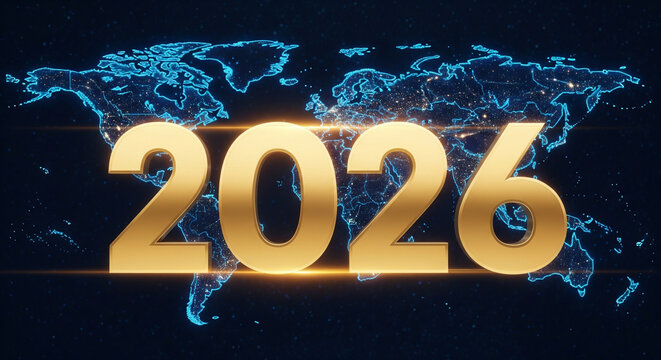 Golden 2026 numerals hover over glowing digital world map, futuristic global concept