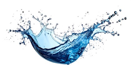 A dynamic, detailed rendering of water mid-splash. Translucent blue liquid, with a range of forms and droplets, against a clean white backdrop