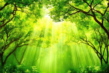 Obraz premium Lush forest canopy, sunlight streams through