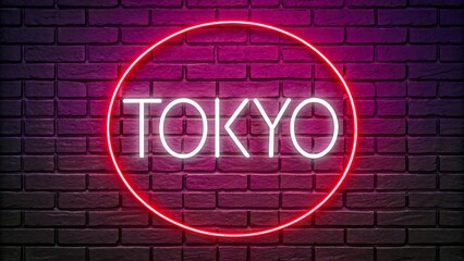 Fototapeta premium White neon glowing tokyo sign in red circle on dark brick wall background 