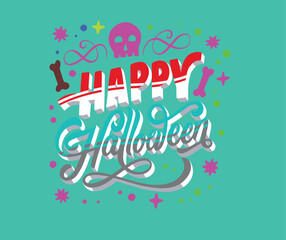 Spooky Celebration: A vibrant and festive typographic illustration saying Happy Halloween, adorned with a skull, bones, and decorative elements, set against a lively background.