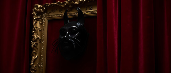 Black decorative mask displayed in ornate frame against red curtain  