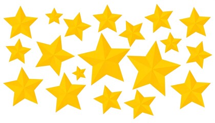 A flat illustration showcasing numerous vibrant, yellow, five-pointed geometric stars of varying sizes scattered across a white background