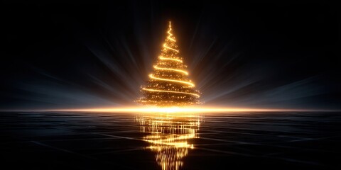 Golden Christmas Tree Made of Glowing Particles on Black Background with Reflective Surface and Light Rays
