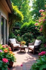 Charming Patio Garden Overflowing with Colorful Flowers Perfect for Relaxation and Summer Entertaining