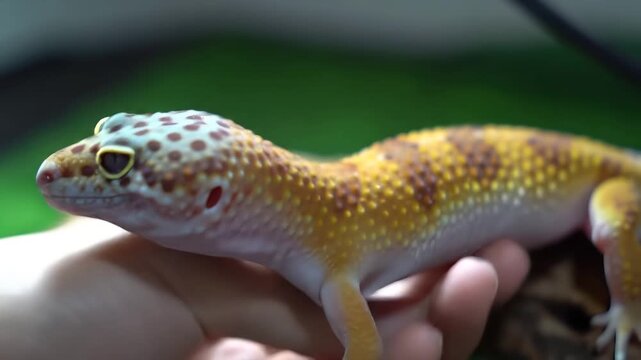 Close-up of a vibrant leopard gecko with distinctive orange and yellow patterns being gently held in a persons hand, showcasing its unique skin texture and calm demeanor in a soft, natural light sett.