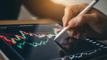Closeup of a hand using a stylus to analyze stock market data on a tablet - Powered by Adobe