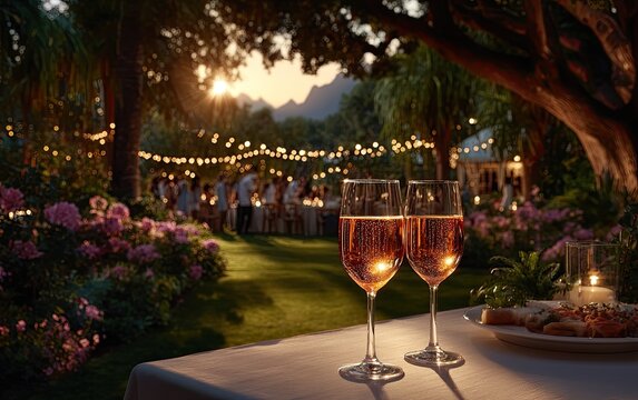Golden Hour Garden Party With Champagne Glasses and String Lights Illuminating a Gathering - Powered by Adobe