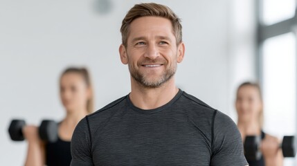 Fototapeta premium Fit man smiling in gym environment while holding dumbbells, surrounded by women exercising, promoting strength training and healthy lifestyle choices
