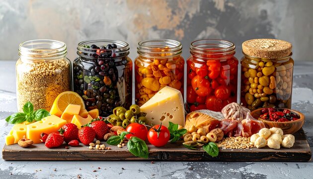 Assortment of preserved foods & fresh ingredients arranged beautifully