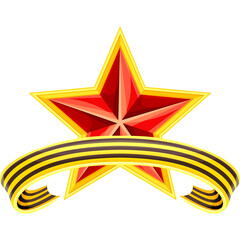 A Red Star Emblem With A Golden Outline And A Black And Orange Ribbon On A Transparent White...