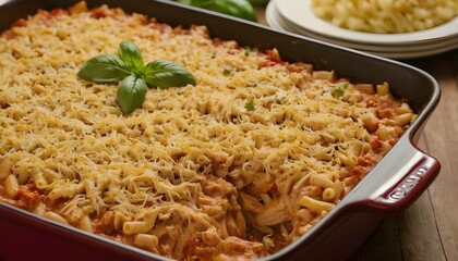 cheesy and creamy tomato basil chicken macaroni bake in a dish
