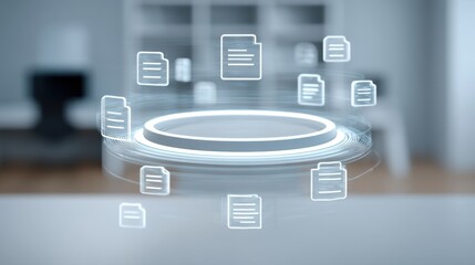 Abstract digital interface showing virtual documents with glowing outlines in a modern office setting creating a futuristic business atmosphere