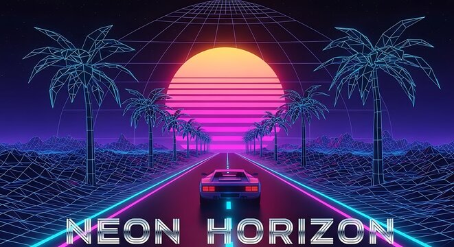 Retro Neon Horizon with Palm Trees and Futuristic Car.