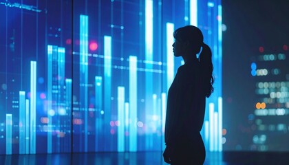 Businesswoman silhouette observing advanced digital data visualizations for strategic financial insights