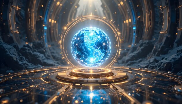 Dynamic holographic Earth data visualization glowing with futuristic technology and global connectivity in a sophisticated digital interface