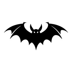 Black silhouette of a bat with wide wings spread against a white background