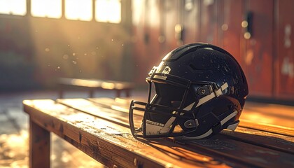 Reflective silence in the locker room as a football helmet rests on a bench, bathed in golden, dusty sunlight
