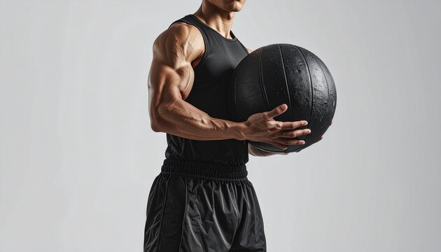 Powerful athletic man with chiseled physique holding a medicine ball for a core workout