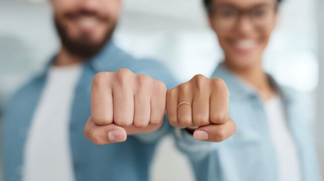 Friendly fist bump between a diverse couple showcasing connection and camaraderie in a bright modern office environment, promoting teamwork and positivity
