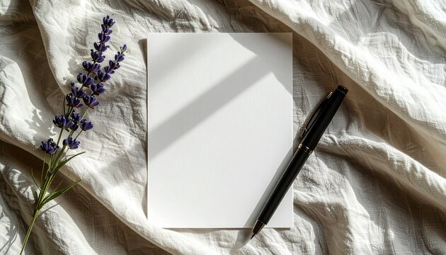 Serene moment with blank paper, elegant pen, and fragrant lavender, perfect for reflective journaling