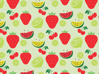 Vibrant summer fruit pattern with strawberries, watermelon, and cherries