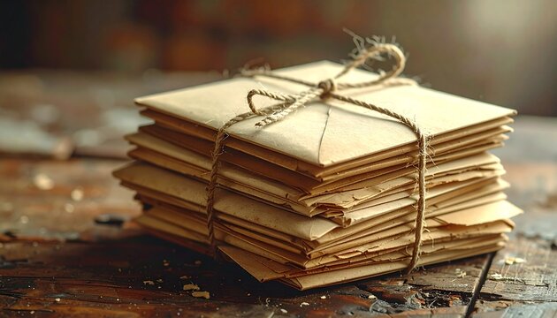 A nostalgic bundle of old, weathered letters tied with string on a dark wood background