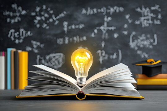 Open book with glowing lightbulb, chalkboard background