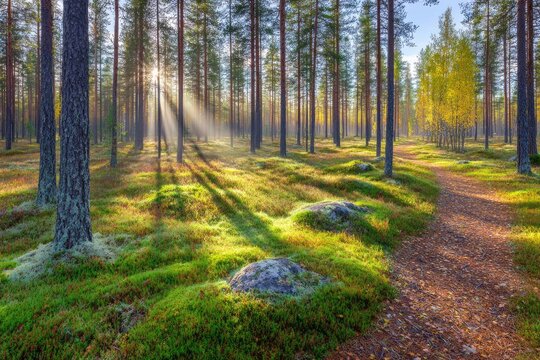 Sunlight streams through a pine forest, casting long shadows on a mossy ground. Autumn colors