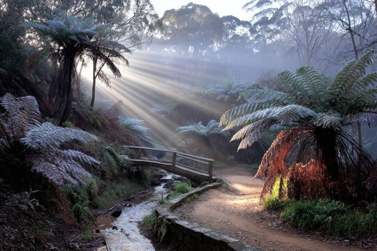 Sunbeams pierce a misty forest path, illuminating a small wooden bridge